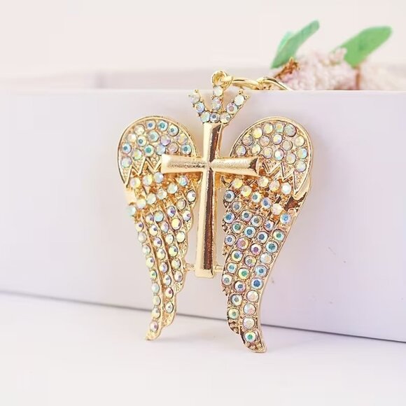 Rhinestone clear Wing cross bag charm keychain - Picture 3 of 3
